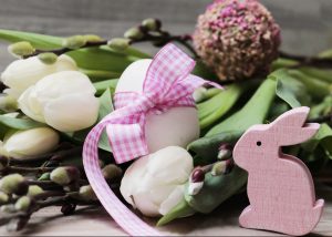 Easter egg, bunny and flowers